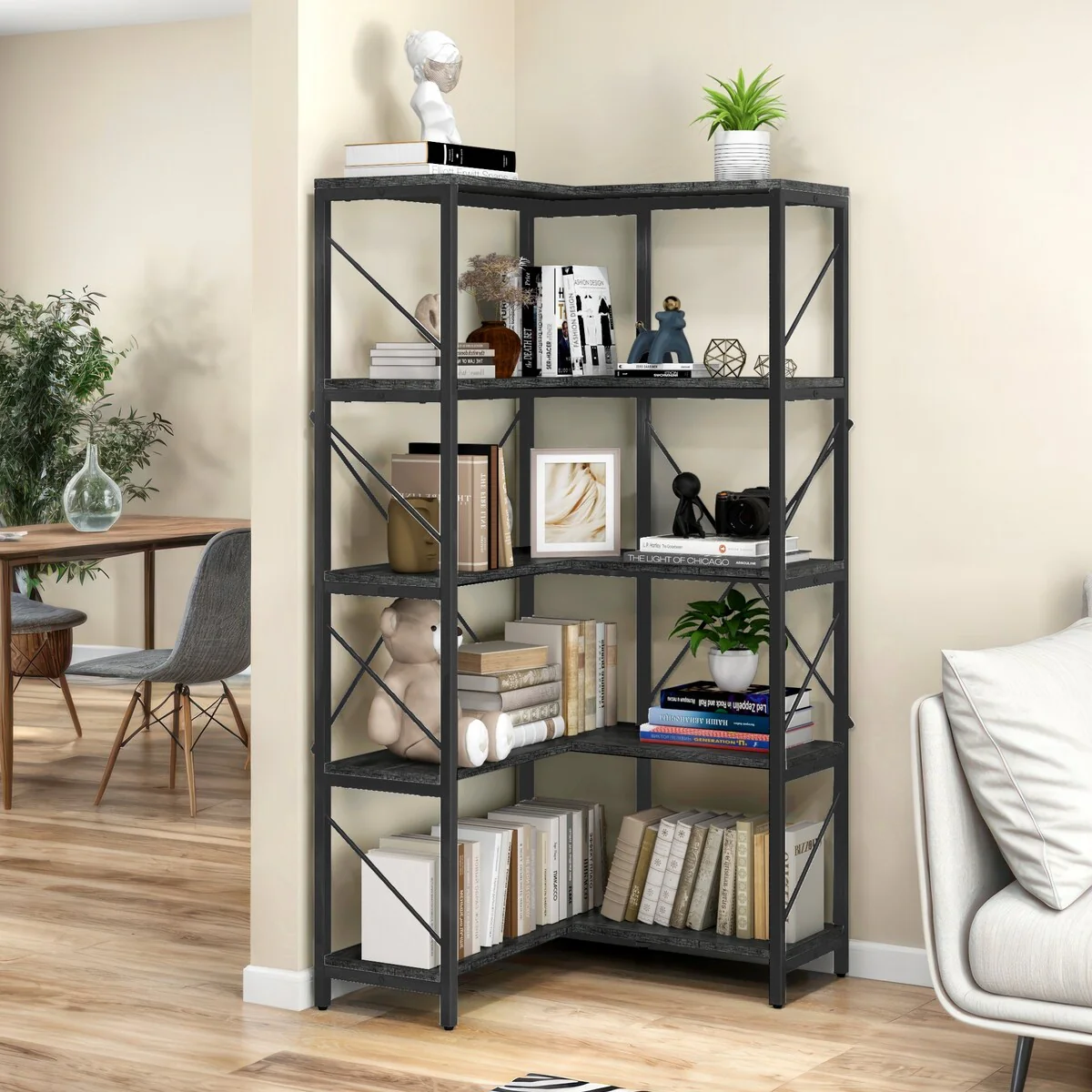 Moasis Industrial 5 Tier Corner Bookshelf Large 65 Inches Bookcase Display Corner Shelf