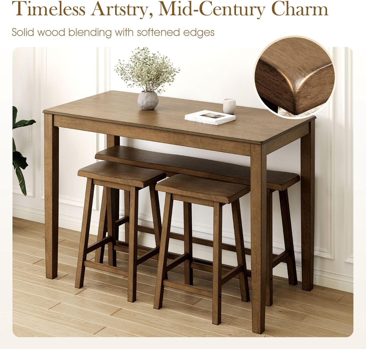Sophia & William Dining Table Set for 4, Counter Height Table and Chairs Set of 4, Wood Kitchen Table Set with Bench and Chairs, Rectangular Breakfast Dining Set Space Saving,Rustic Caramel