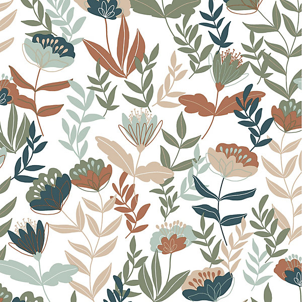 Papier peint vinyle intissé fleuri Naive flowers, bleu terracotta L.1005 x l.53cm Lutèce