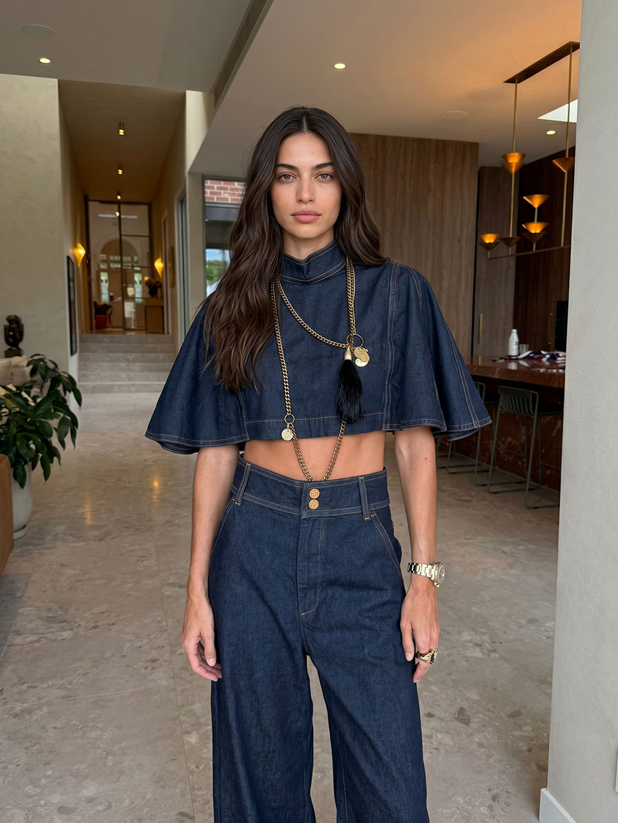 Modern Denim Cape Top & High-Waist Tapered Pants Two-Piece Set