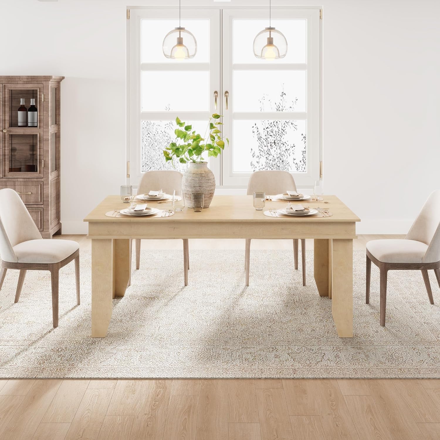 GarveeHome Farmhouse Dining Table for 4-6 People, 63 in Long Kitchen Tables with Wooden Sturdy Frame, 5 ft Large Rectangular Dinner Table for Dining Room, Kitchen, Natural, 63 Non-extendable