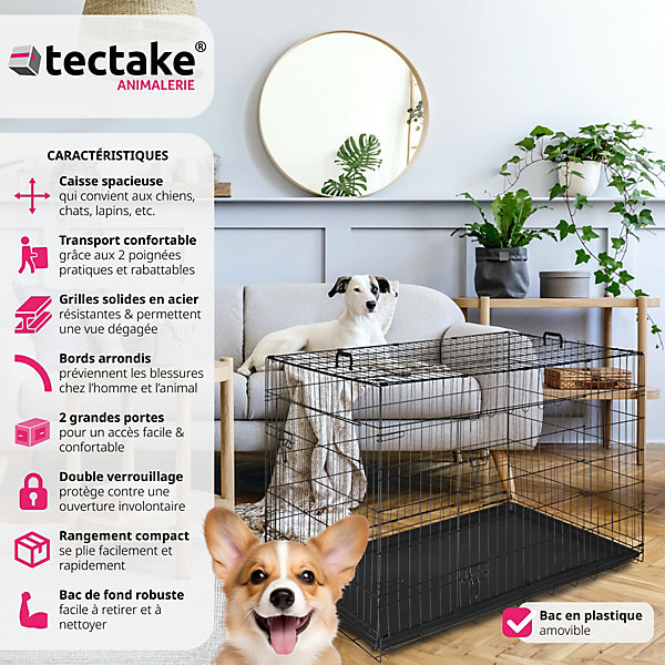 Caisse grillagée pour chien pliable avec 2 portes en acier noir