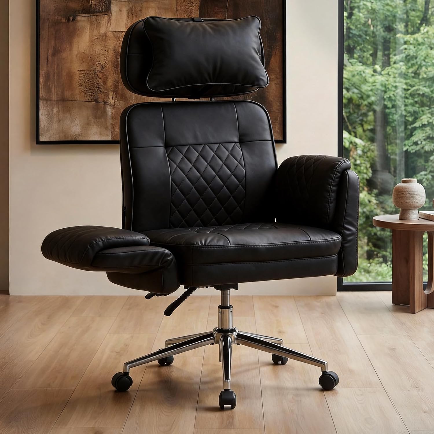 Big and Tall Office Chair - Criss Cross Leather High Back Executive Office Chair with Armrests & Wheels, Ergonomic Computer Gaming Desk Chair for Home, Makeup Vanity & Bedroom, Black, 49.6”H×22”W