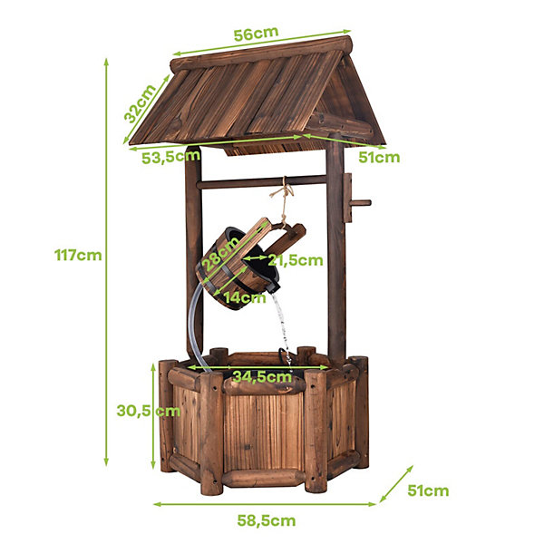 Fontaine de Jardin en Bois de Sapin Traité Carbonisation avec Pompe Electrique Puit de Jardin 60 x 57 x 115 cm Seau et Manivelle