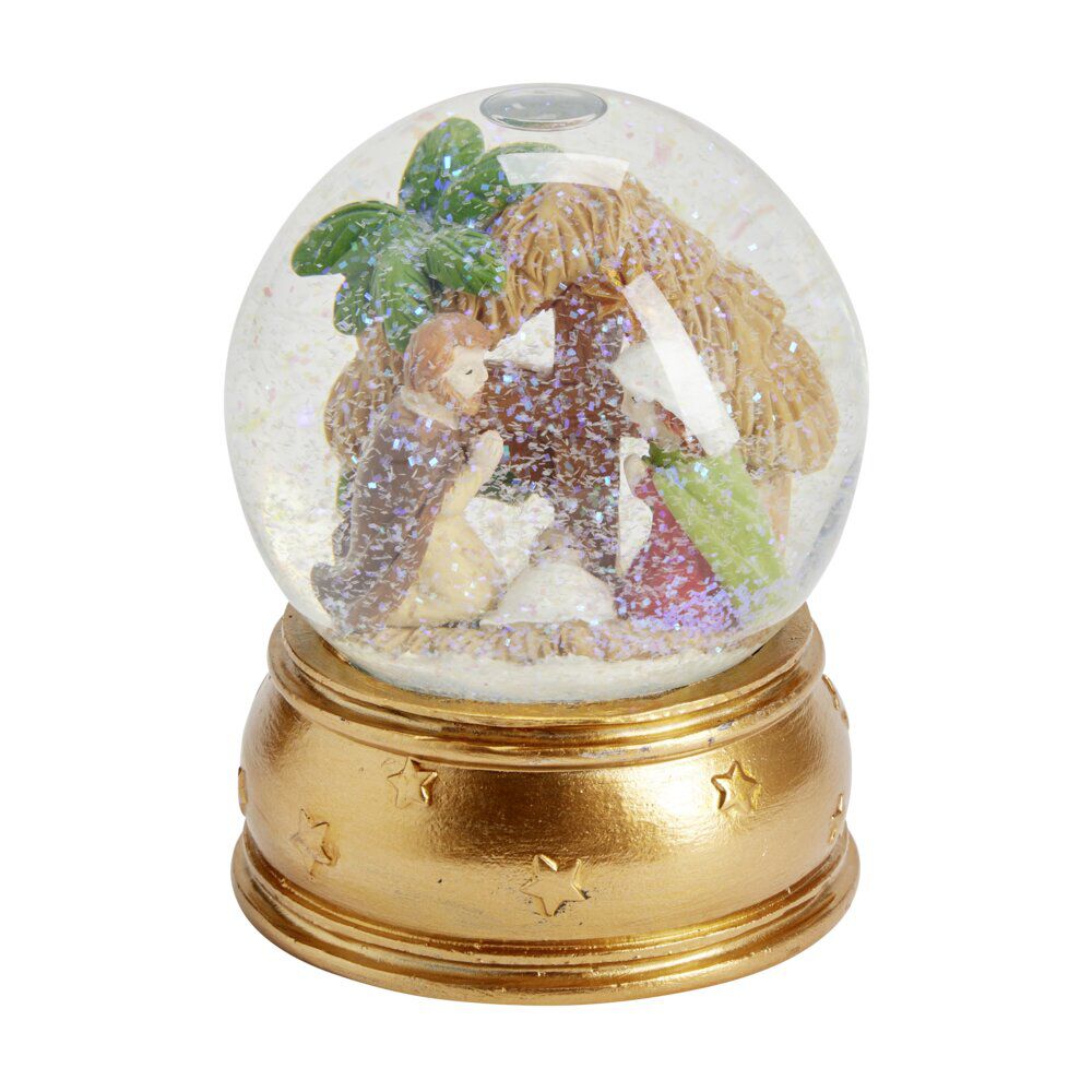 Boule à neige crèche de No&euml;l polyrésine dorée ou bleue Ø10xH13cm (2 modèles)