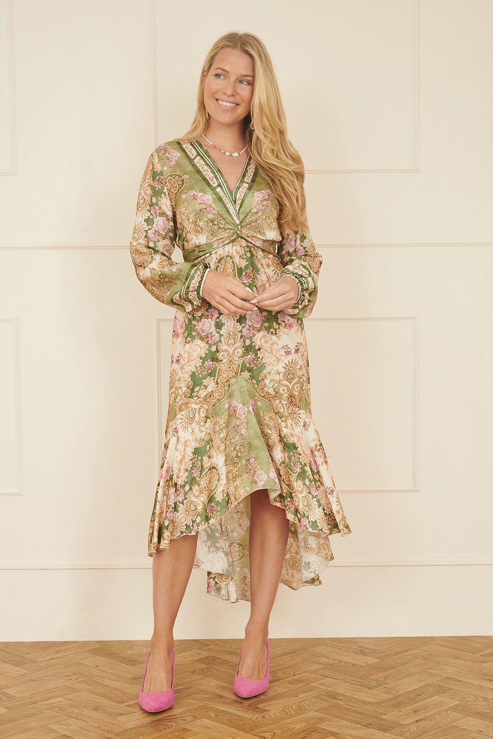 Yumi Green Viscose Scarf Print Tie Front Midi Dress With Dip Hem