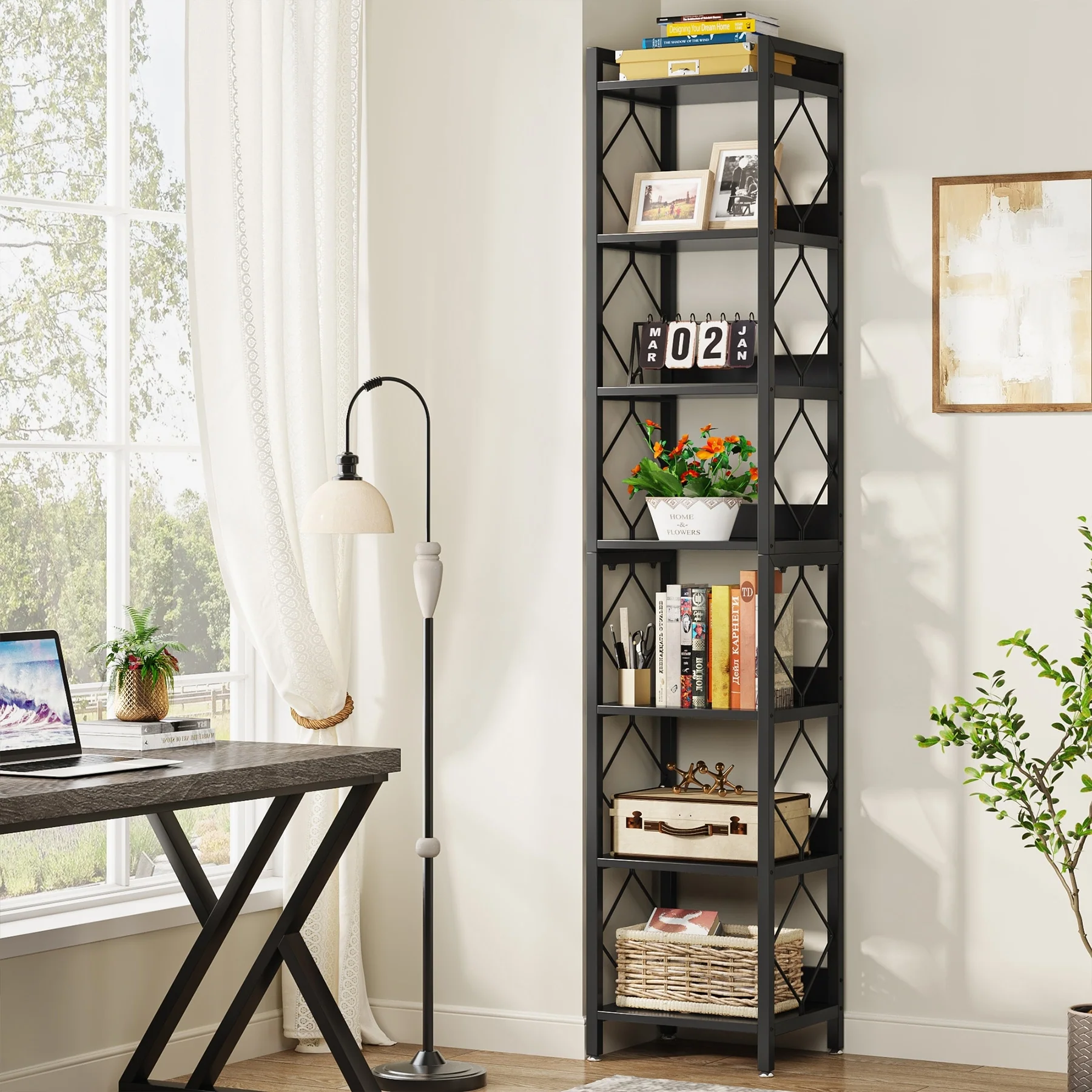 78.7 Inch Extra Tall Narrow Bookshelf, 7 Tier Corner Bookcase