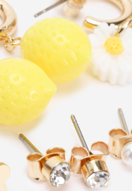 Womens 6pk Gold Fruit Stud & Hoop Earrings Set