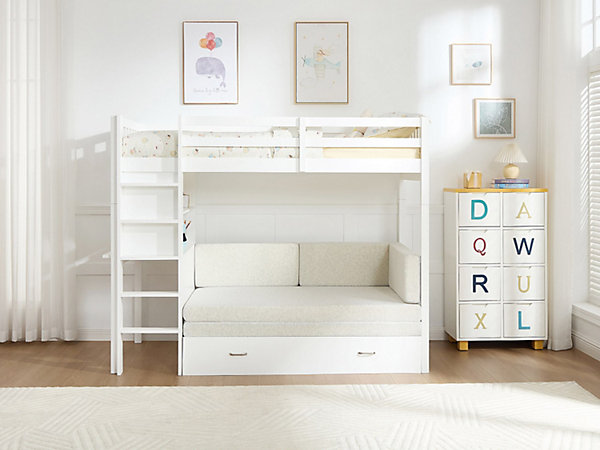 Lit mezzanine 90 X 190 cm avec sofa convertible - Pin et MDF - Blanc - ORPELIA
