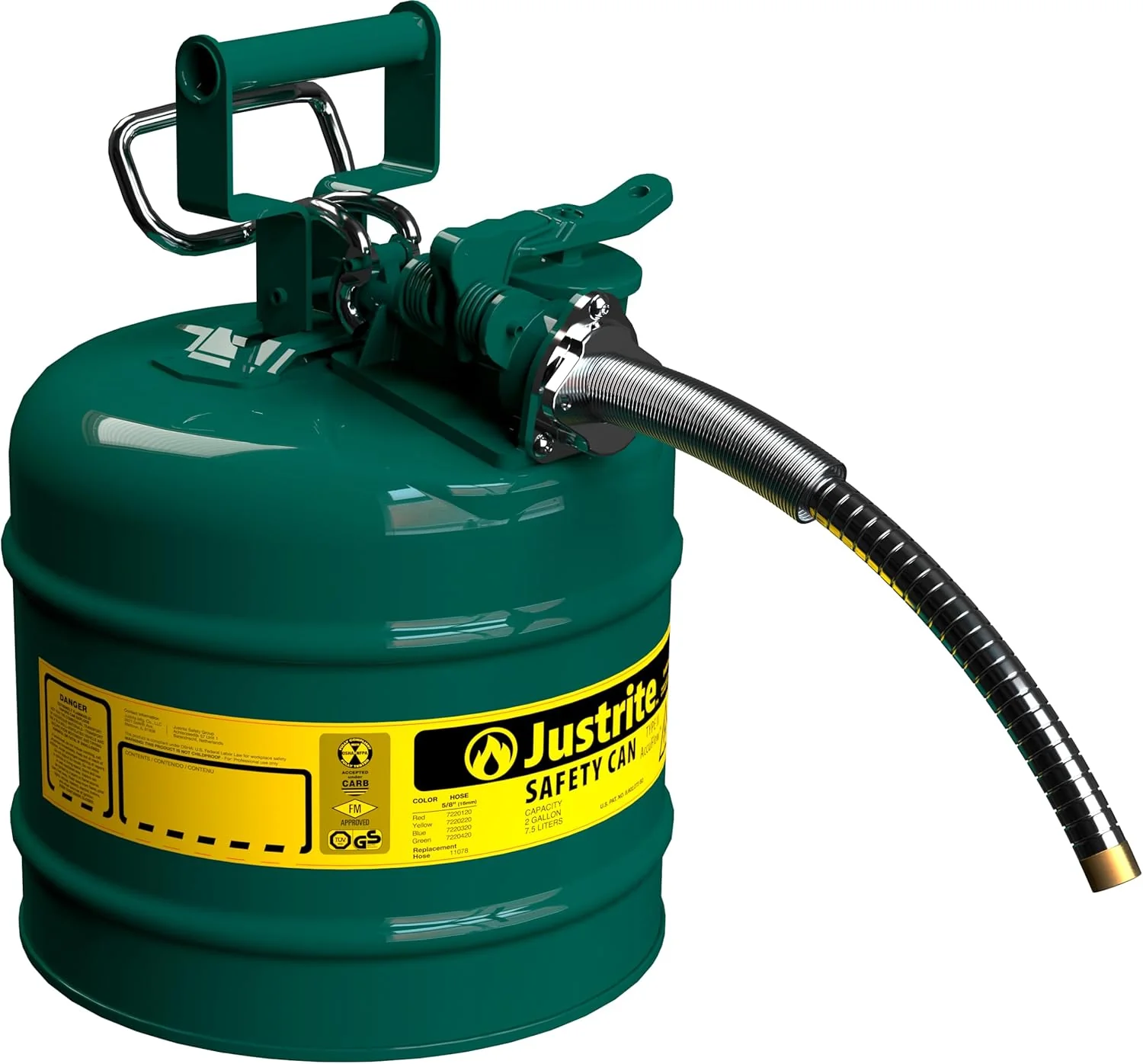 Justrite 5-Gallon Type II Red Safety Gas Can  OSHA-Approved Steel Fuel Container with Flame Arrester, Self-Closing Lid  1 Flexible Spout (7250130)(Green/5 Gallon/5/8)