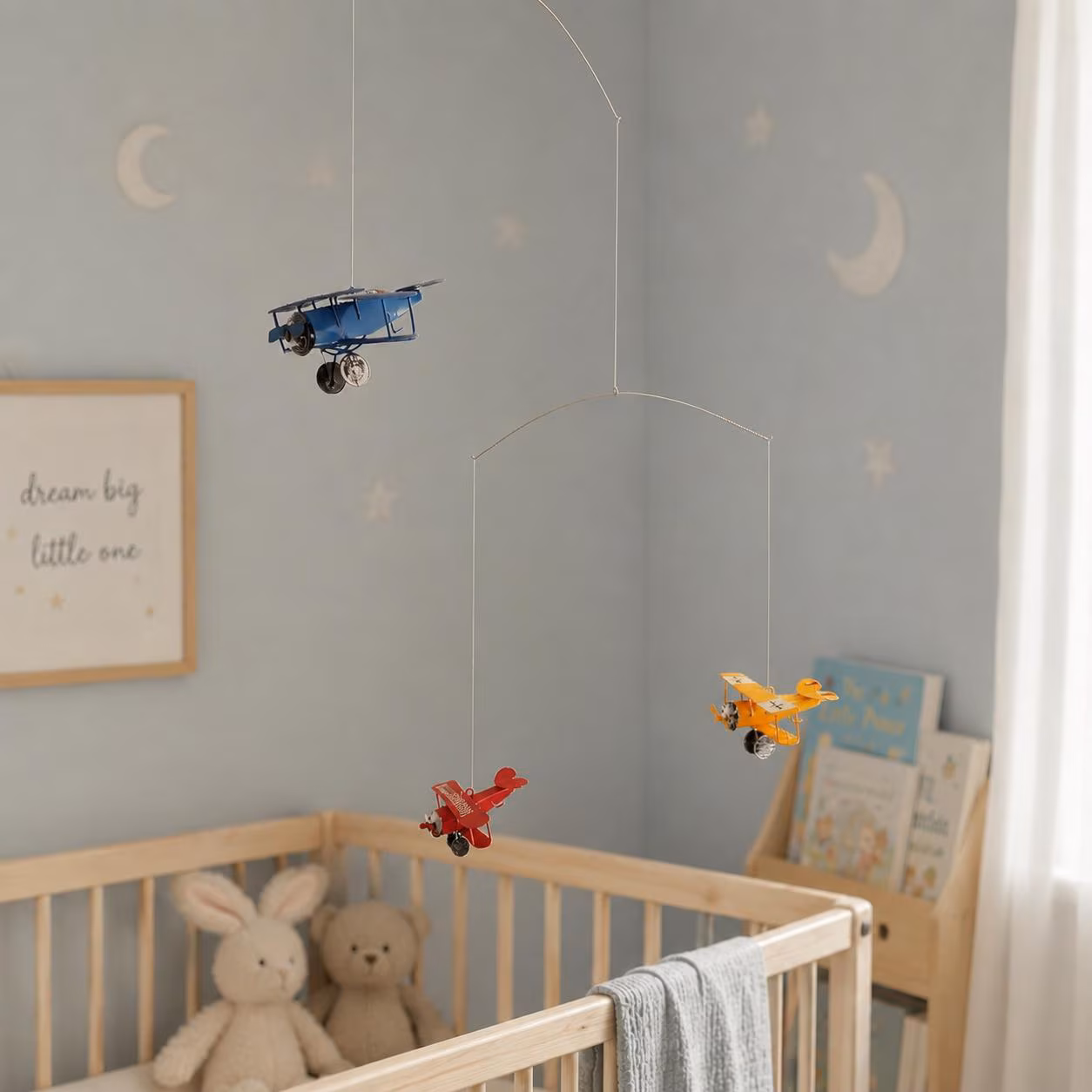 Vintage Biplane Mobile, Mondrian Style Kinetic Sculpture, Nursery Aviation Art