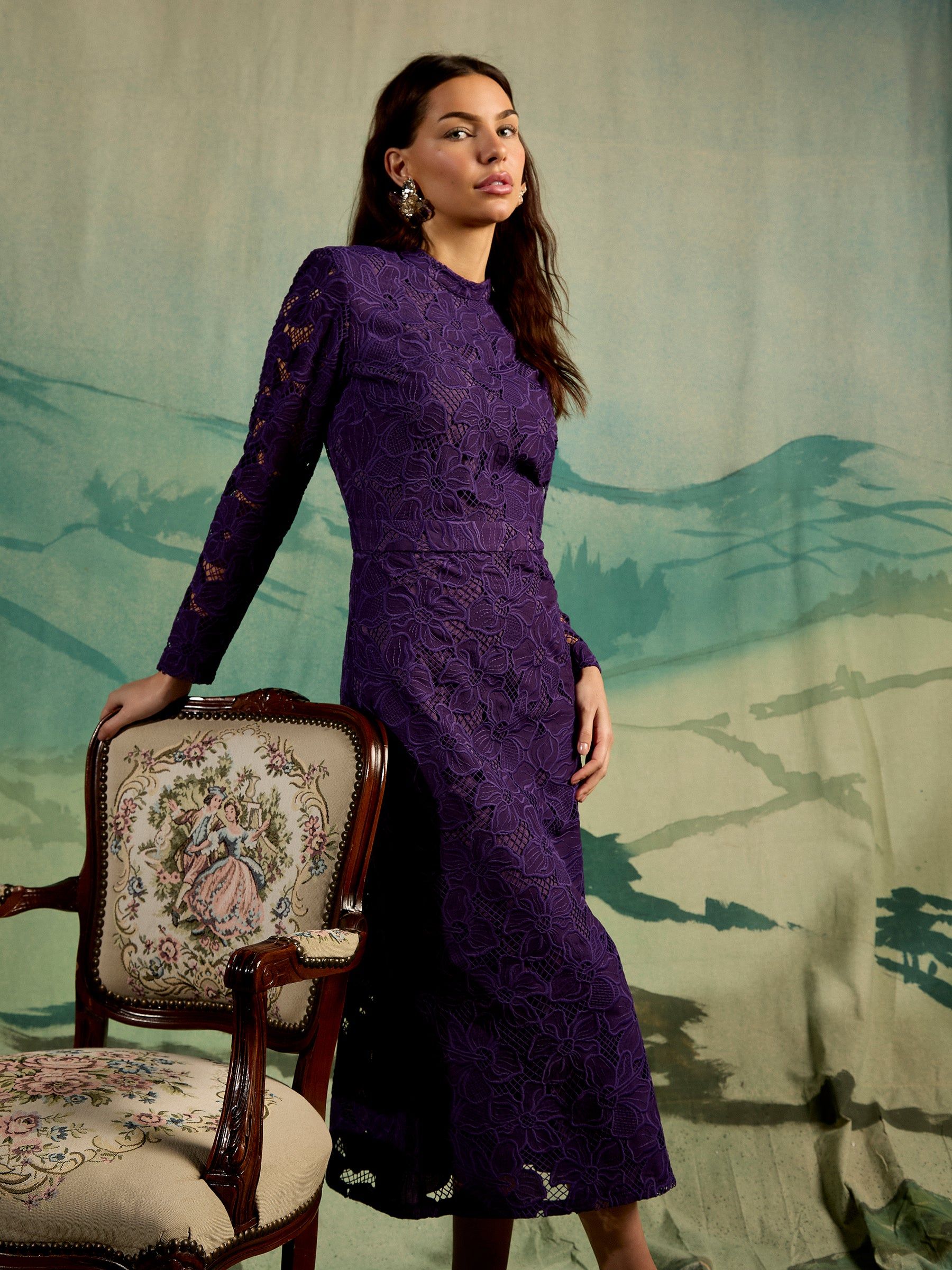 GWD by GEORGE W. DAVIES GWD Freya Floral Lace Purple Midi Dress