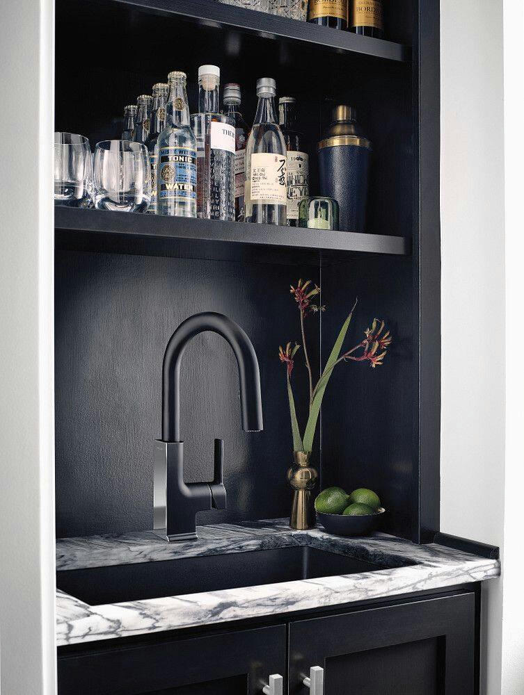 Moen® STO Single Handle High Arc Pull Down Sprayer Kitchen Faucet with Power Clean, Matte Black/Chrome