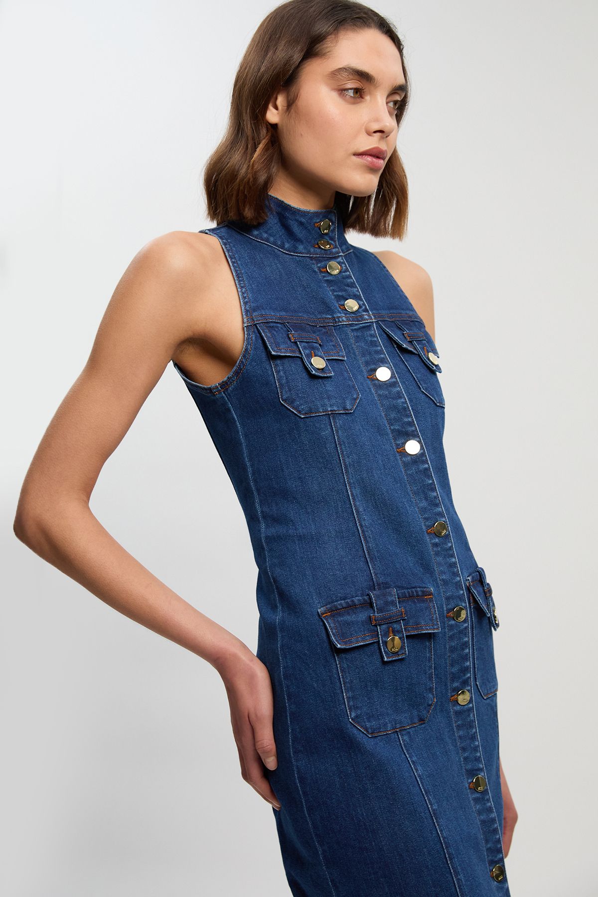 KarenMillen Petite Denim Sleeveless Midi Button Detail Midi Dress