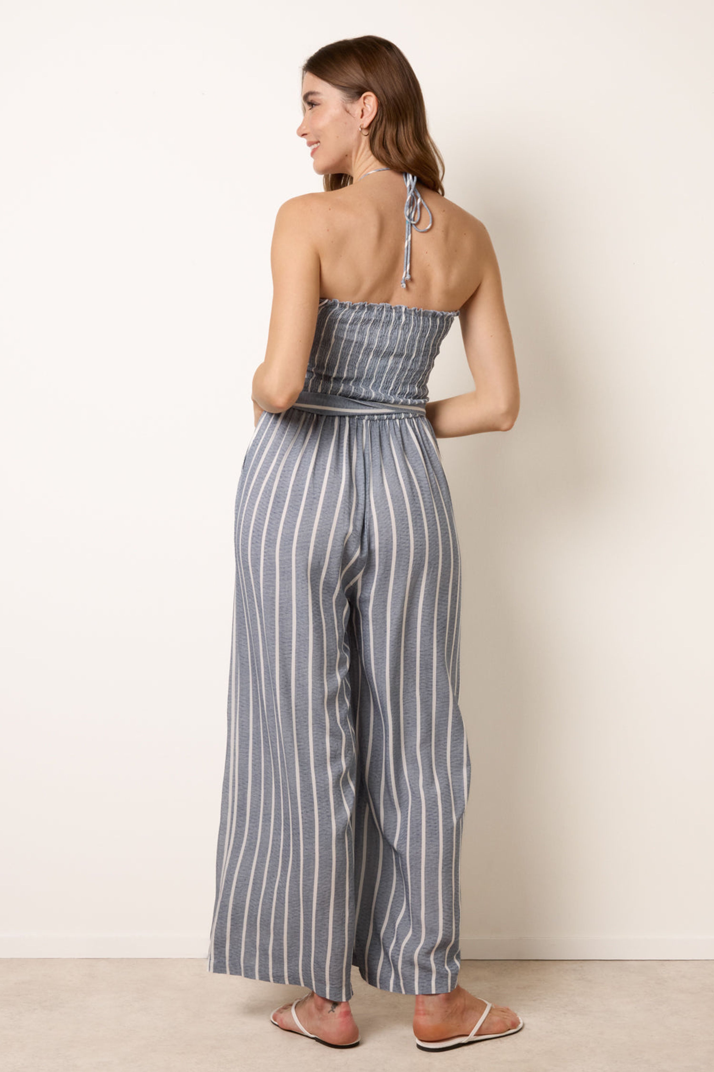 Blue Vanilla Blue Bardot Tie Neck Pinstripe Jumpsuit