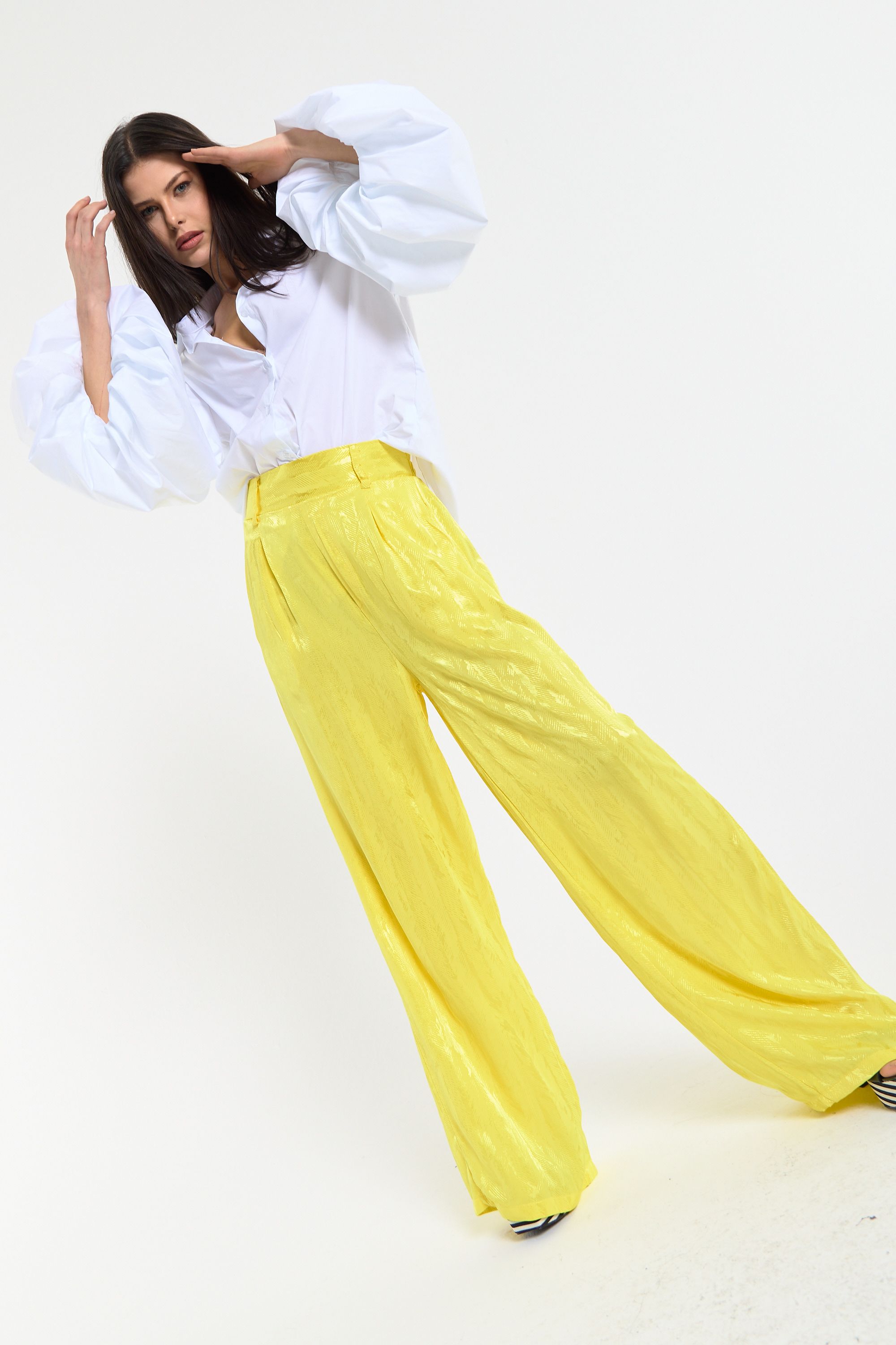 House of Holland Textured Wide Leg Yellow Trousers
