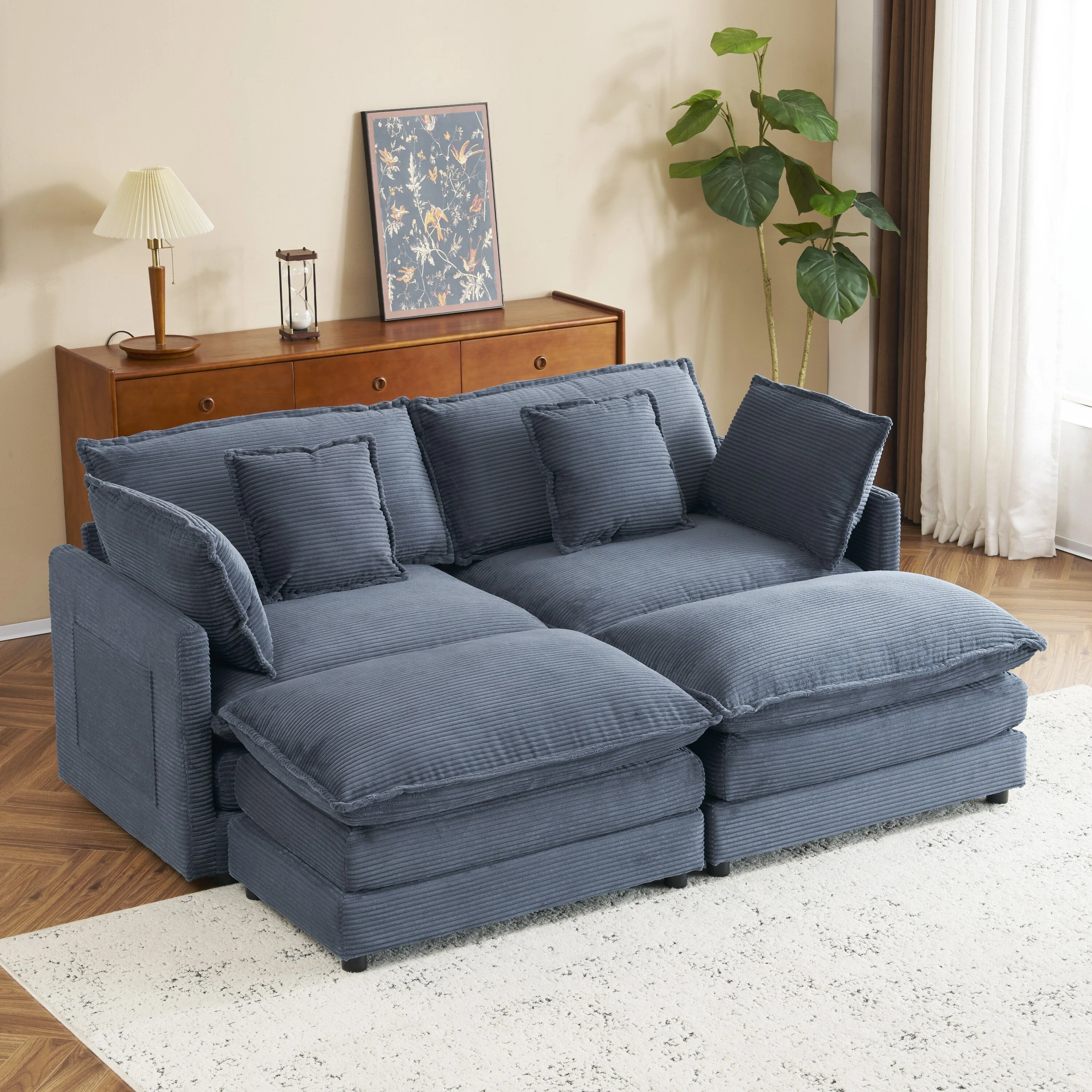 Modern Modular Sectional Sofa with Movable Ottoman and Deep Cushions and Storage Pockets for Small Space Living Room