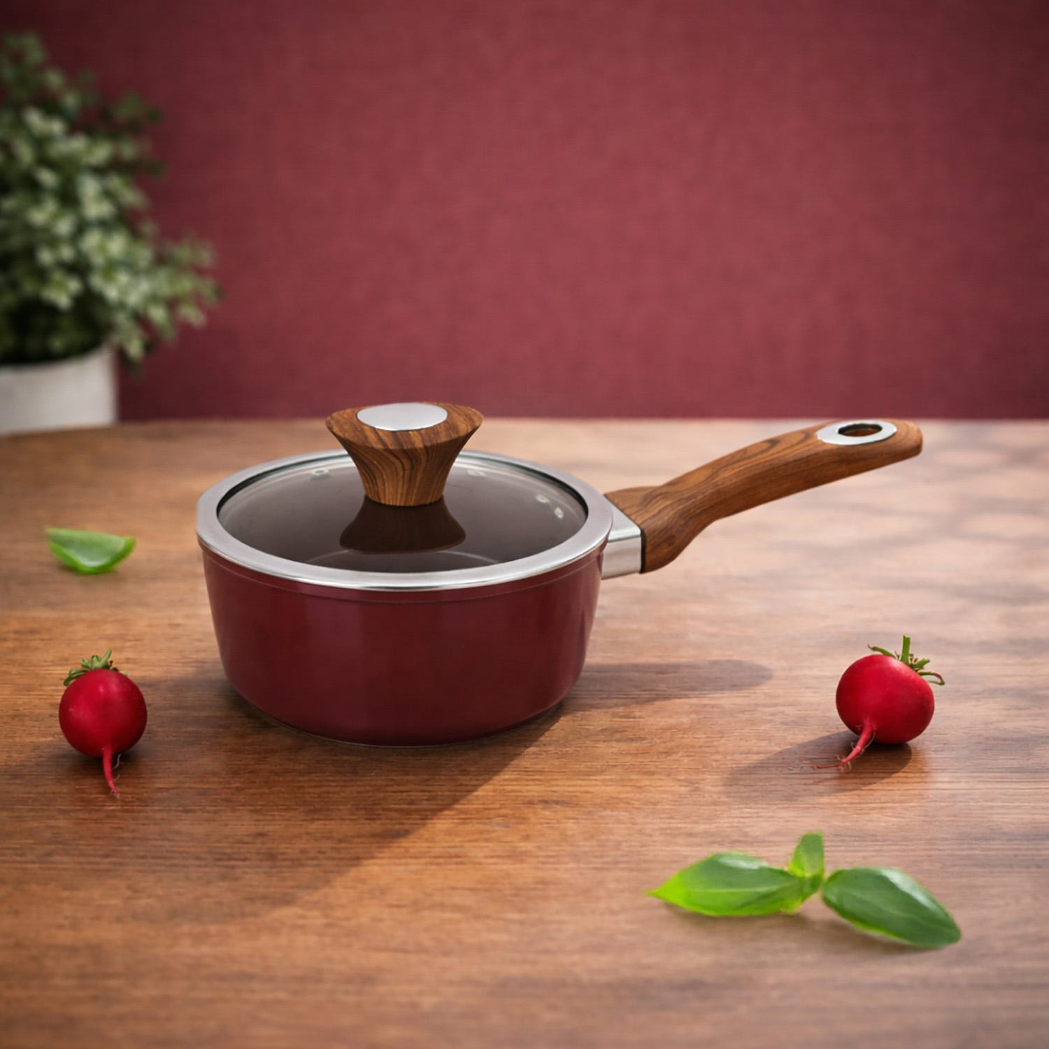 Casseruola un manico 18 cm coperchio burgundy New Ceramic