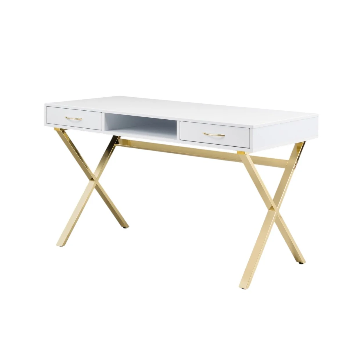 HomeRoots 47 White and Gold Wood and Metal Computer Desk With Two Drawers