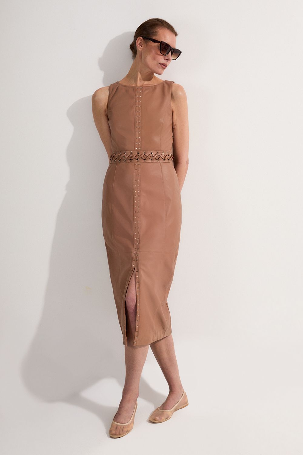 KarenMillen Leather Eyelet And Lace Trim Detail Sleeveless Midi Pencil Dress