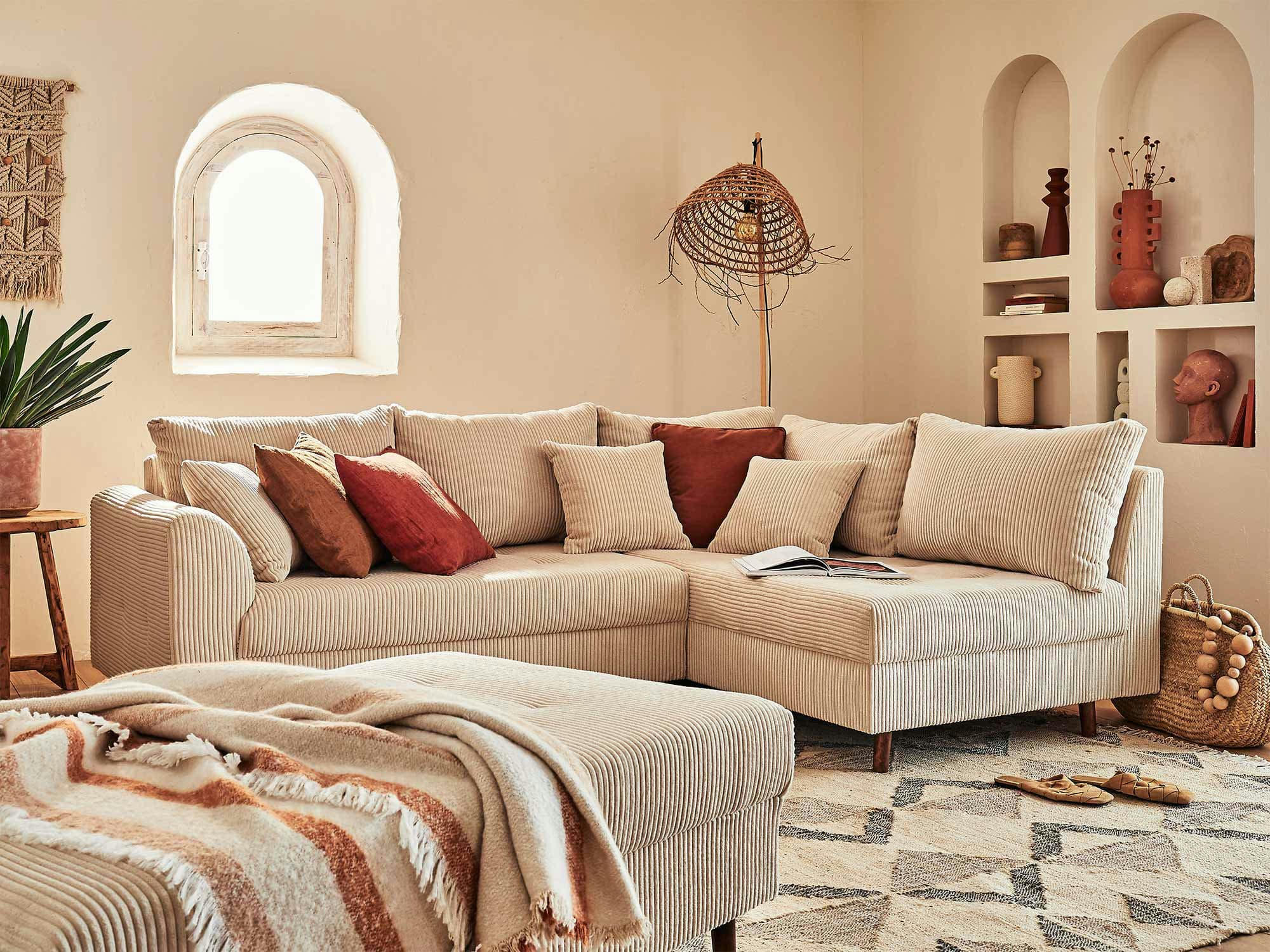 RUNE - Canapé d'angle droit convertible 4 places en velours côtelé beige