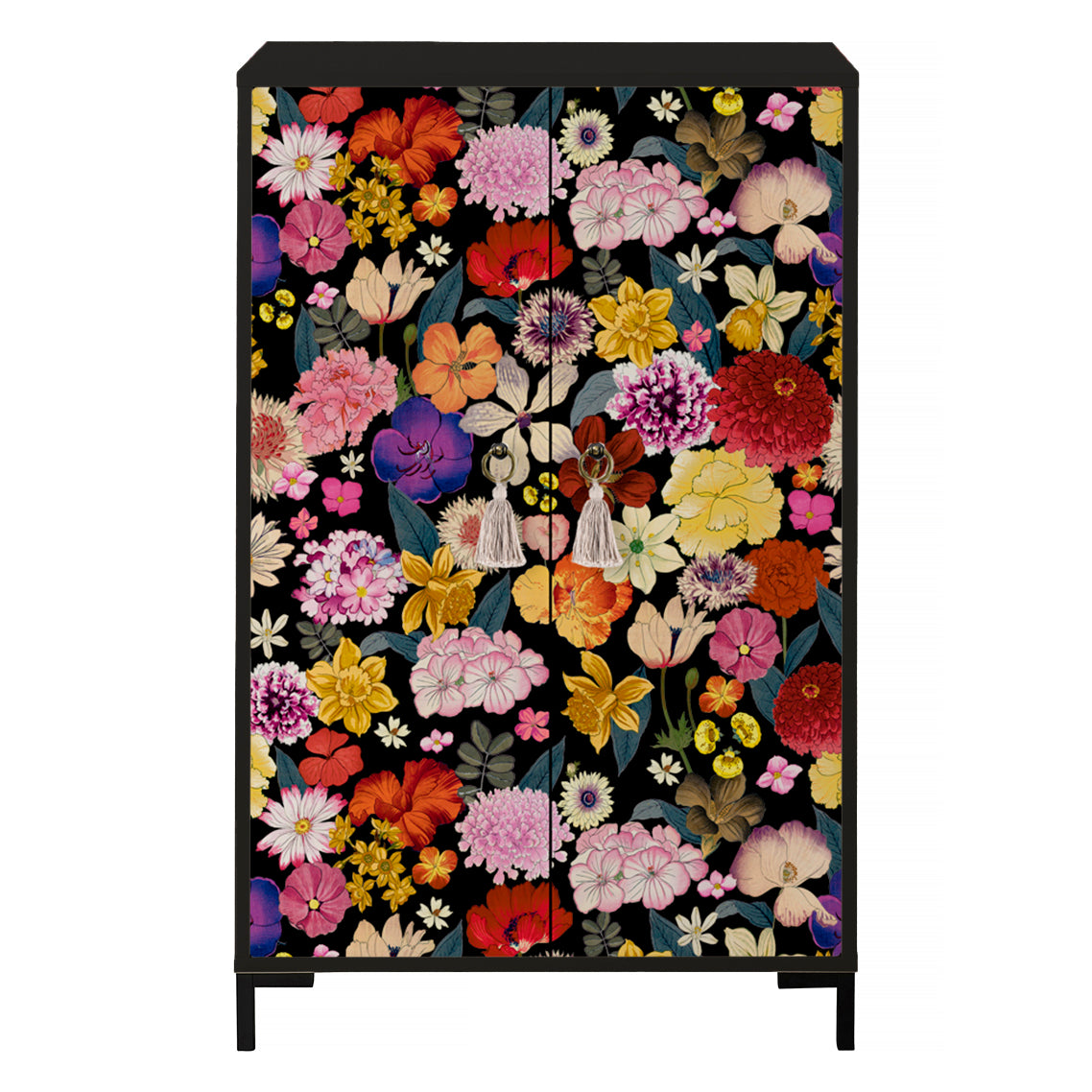 Dressoir van MDF met 2 decoratieve deuren, zwart motief met veelkleurige bloemen