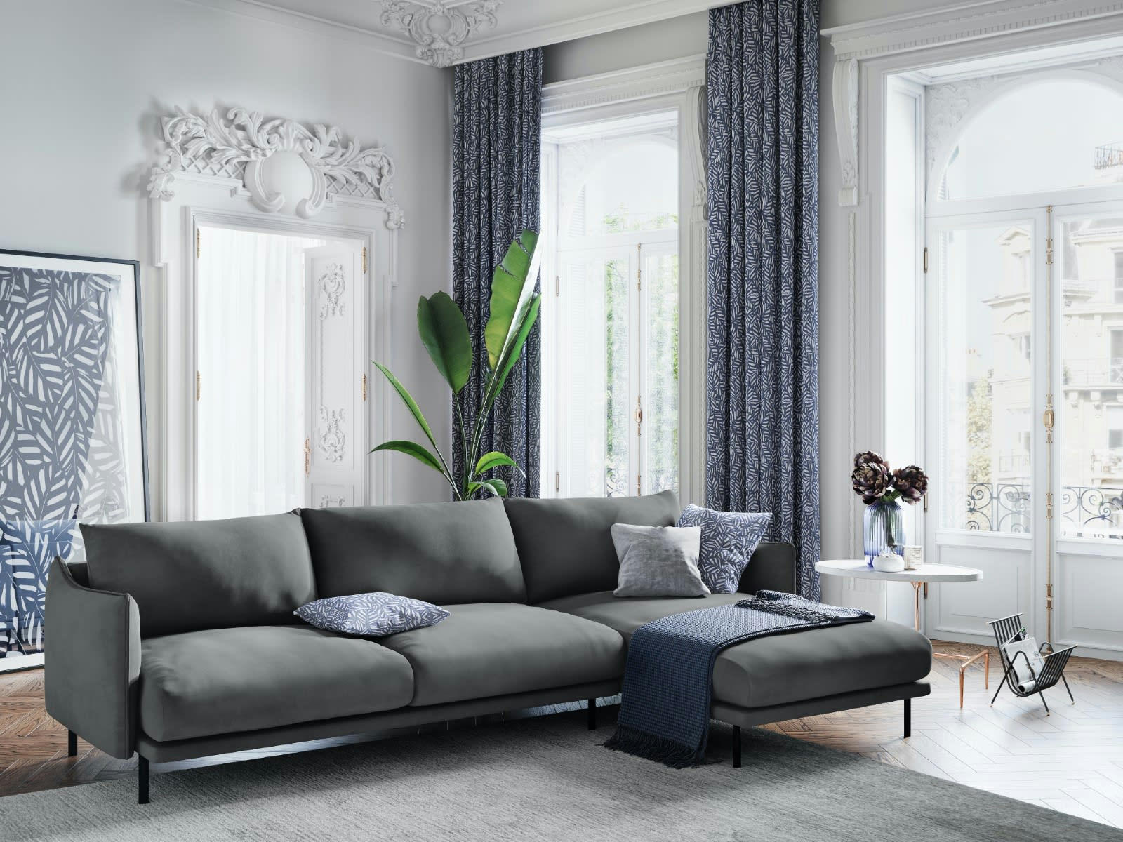 PARIS - Canapé D'Angle Droit 5 places en Velours Gris Clair