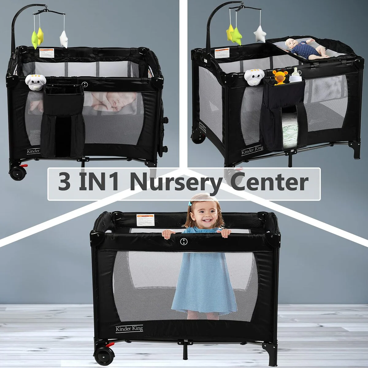 3 in 1 Portable Nursery Center, Foldable Playard for Baby & Toddler, Infant Pack n Play w/Bassinet, Removable Mattress