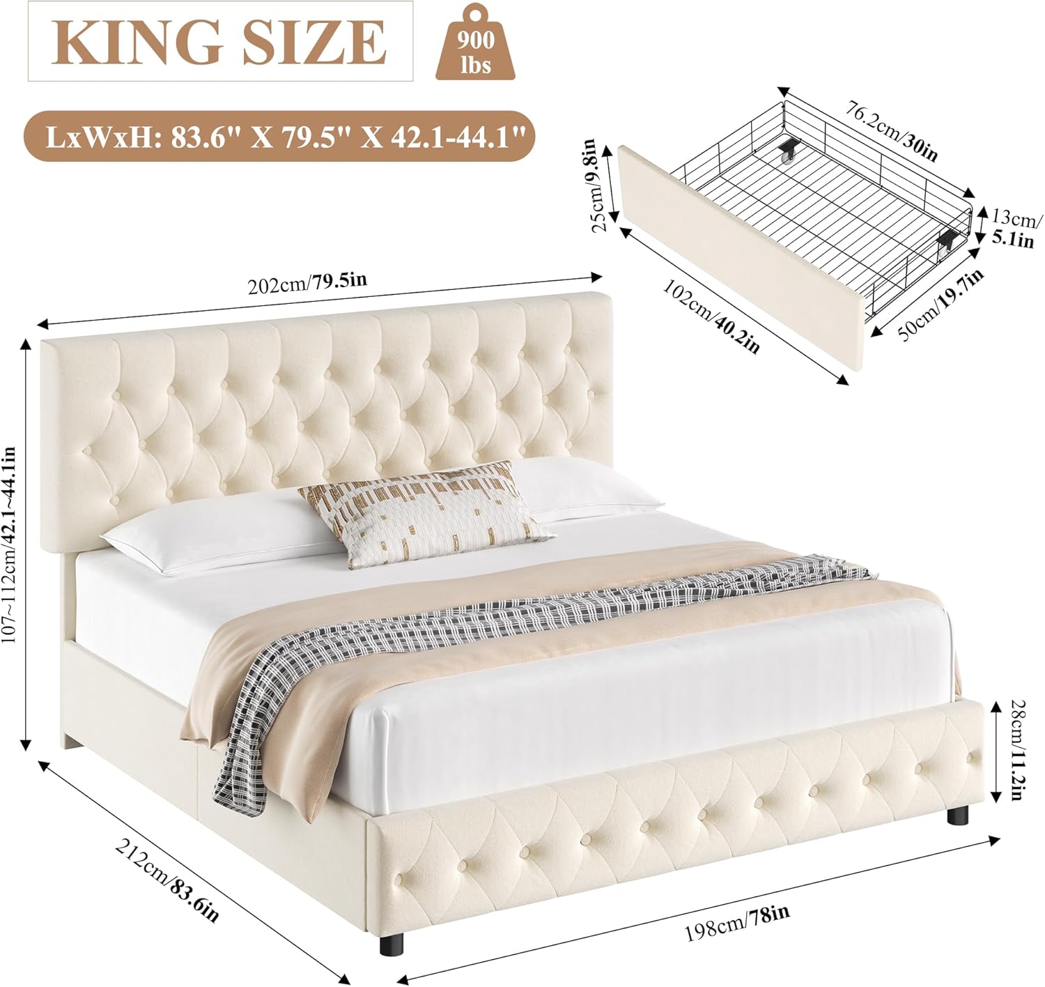 Keyluv Modern Upholstered Bed Frame with 4 Storage Drawers, Button Tufted Headboard Design, Solid Wooden Slat Support, Easy Assembly, Soft Velvet, Beige, King Size