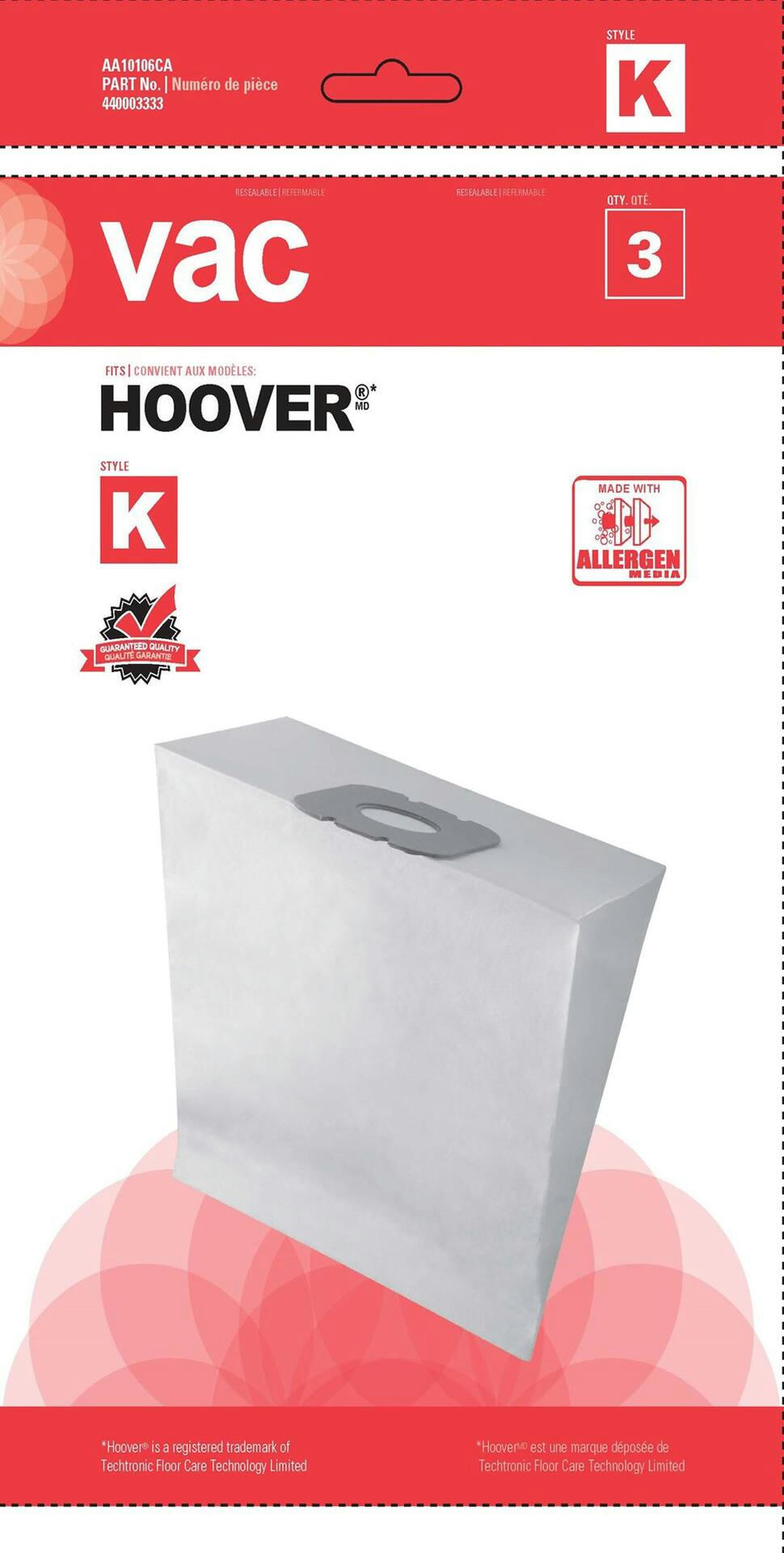 Hoover Type K Replacement Allergen Vacuum Cleaner Bags, 3-pk