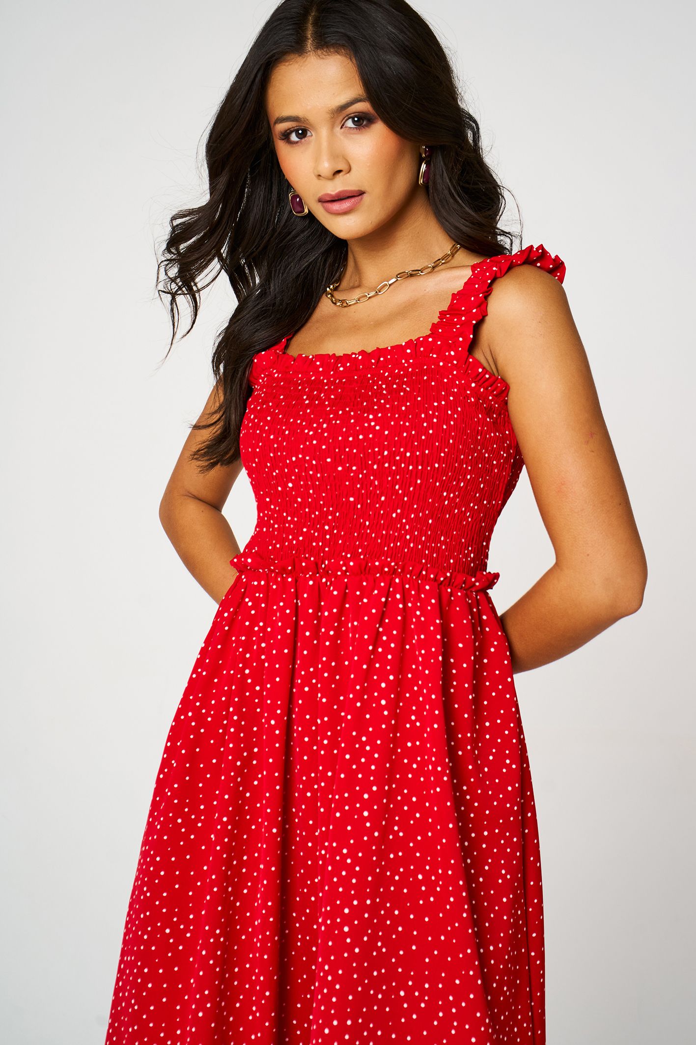 FS Collection Dot Print Hem Detail Maxi Dress In Red