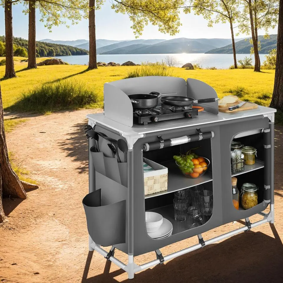 tectake - Campingkeuken 116x52x107cm, Grijs