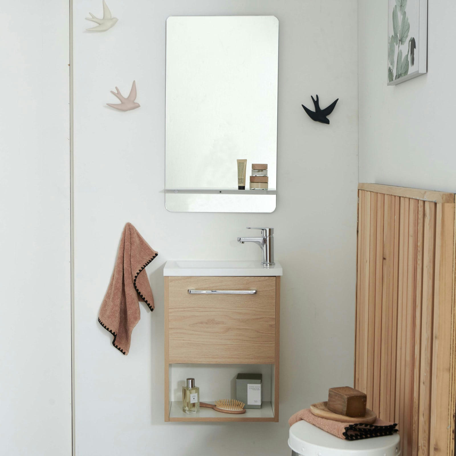 NIKA - Meuble lave-mains  Décor chêne intérieur blanc + robinet + miroir