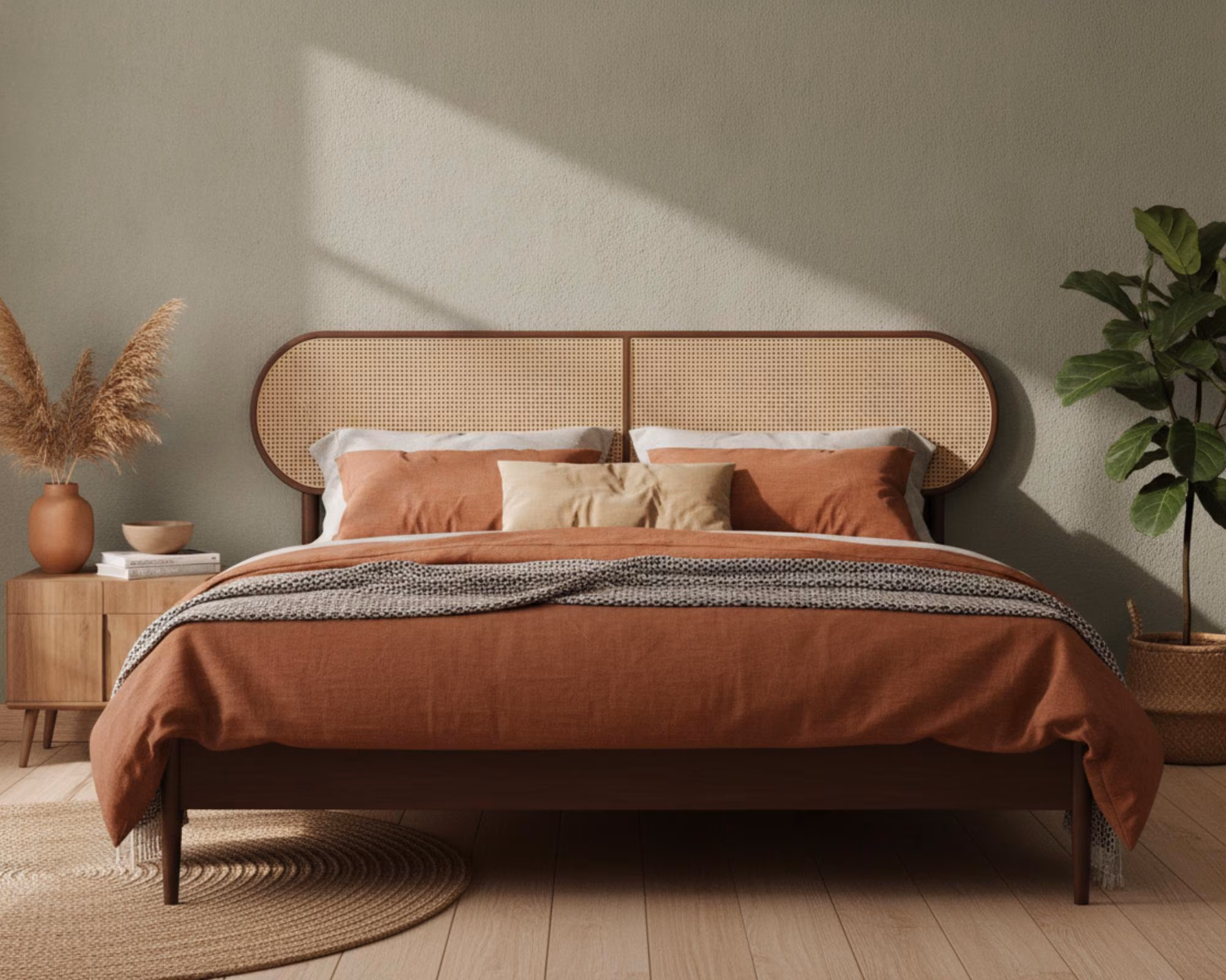 Solid Wood Platform Bed Frame with Rattan Headboard, Bohemian Mid Century Bed, Queen King Size, Dark Walnut Bedroom Furniture