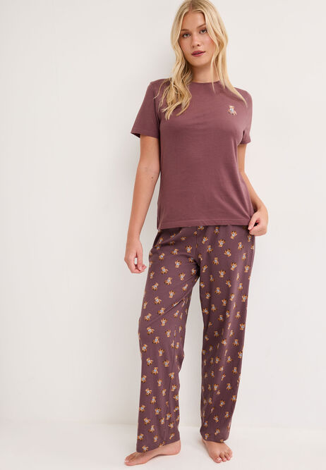 Womens Chocolate Brown Teddy Bear Long Pyjama Set