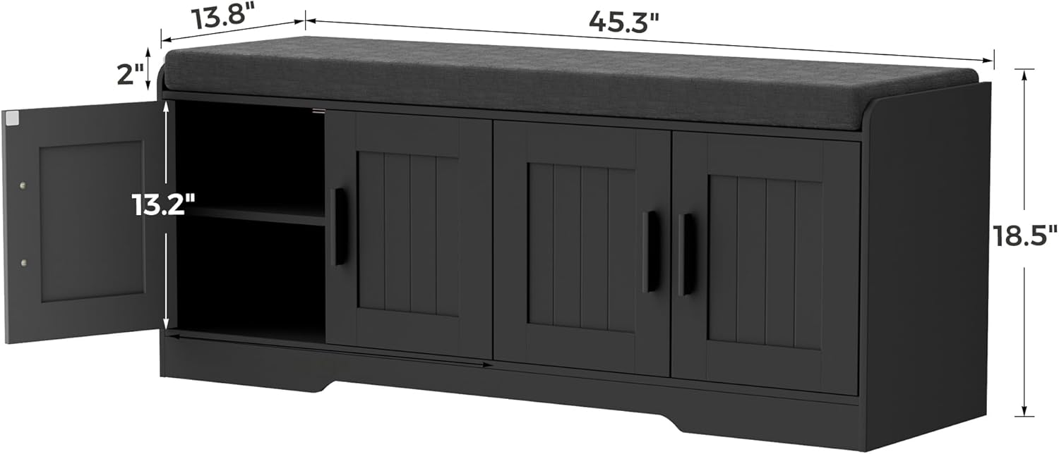 Homleke 2-Tier Storage Bench, Shoe Bench with Thickened Padded Seat Cushion, Entryway Bench with 4 Doors, Adjustable Shelf, 13.8 D x 45.3 W x 18.5 H, for Entryway, Living Room, Bedroom, Black