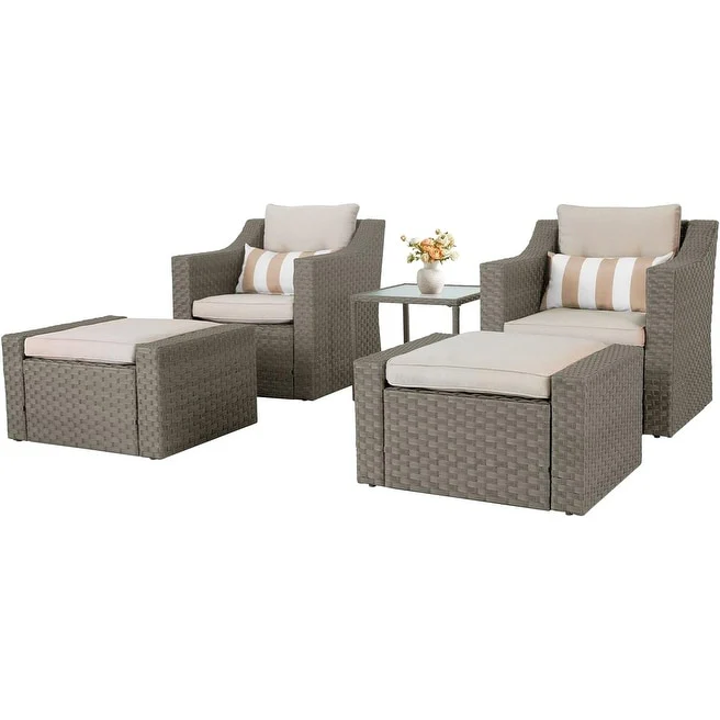 5-piece Outdoor Patio Wicker Lounge Chair and Ottoman Conversation Set