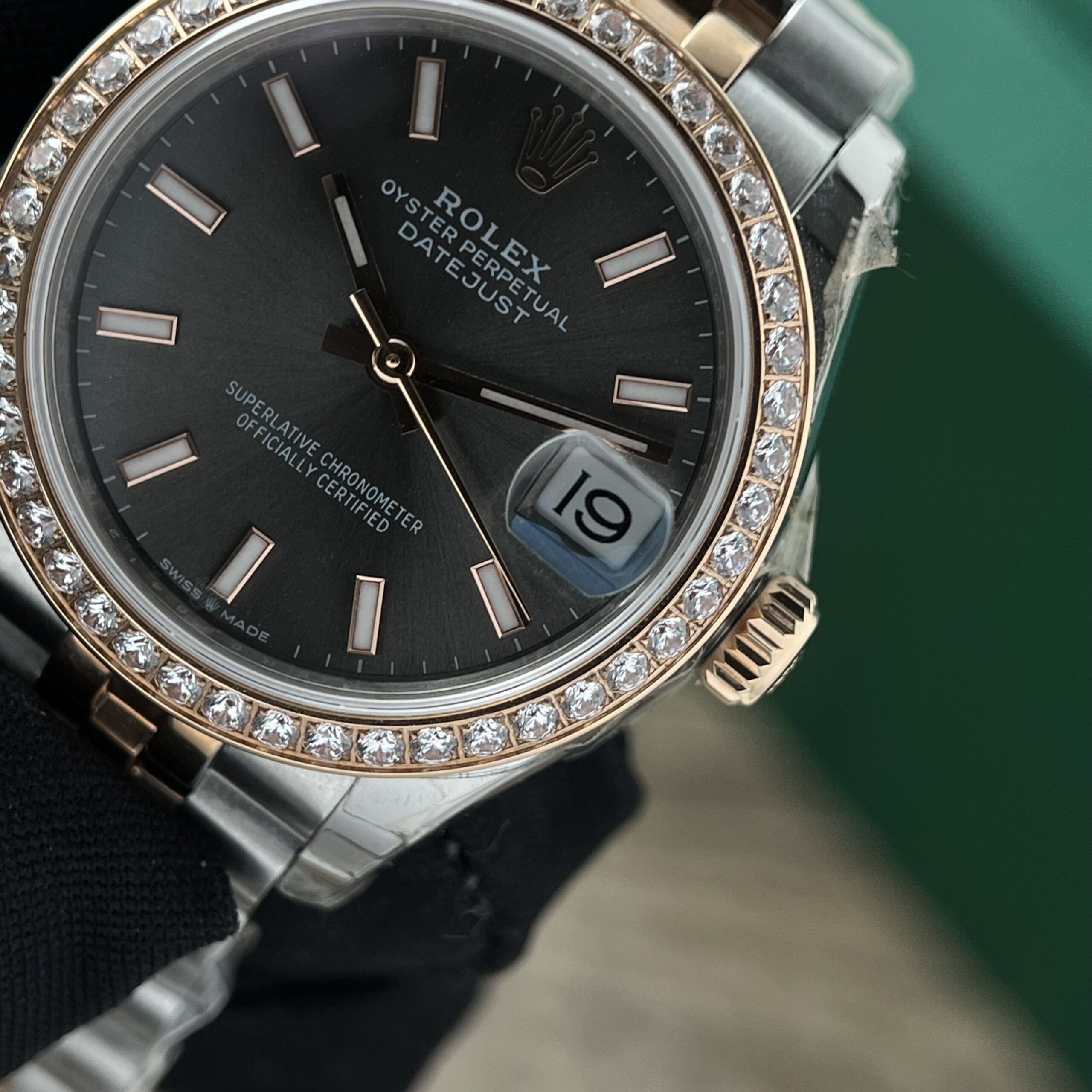 Rolex Datejust SS/RG Plated Black Dial CZ Diamonds 31mm Jub AAA Replica