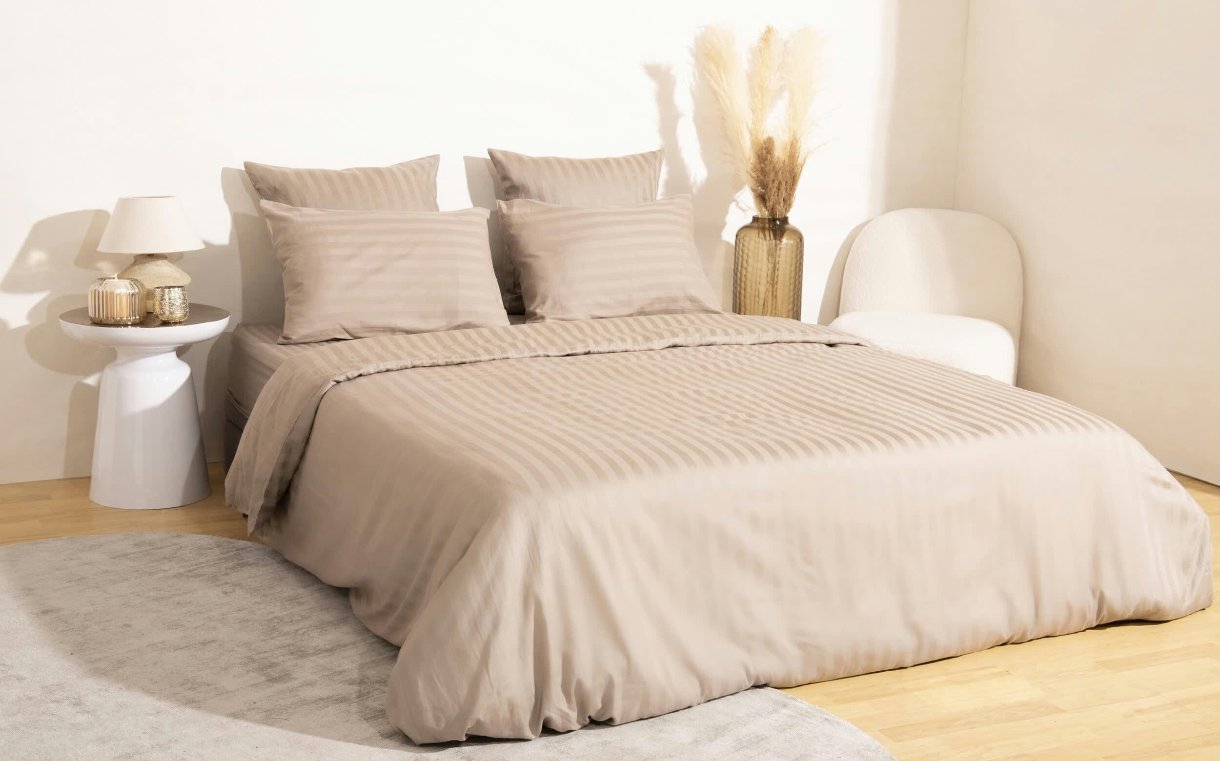 ANNA - Parure de lit en satin de coton rayures ton sur ton 240x220cm