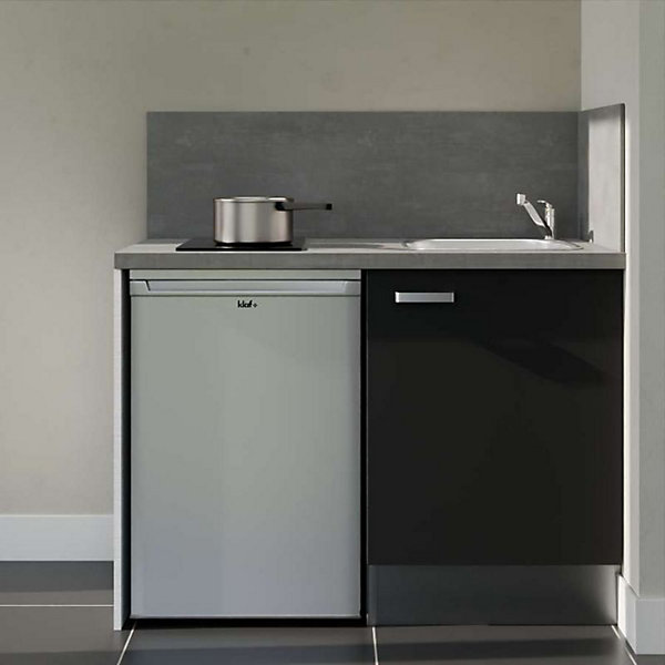 Kitchenette K08 façades Noir - Plan de travail Gris béton - Crédences : Oui - Evier inox - Electroménager Inox inclus