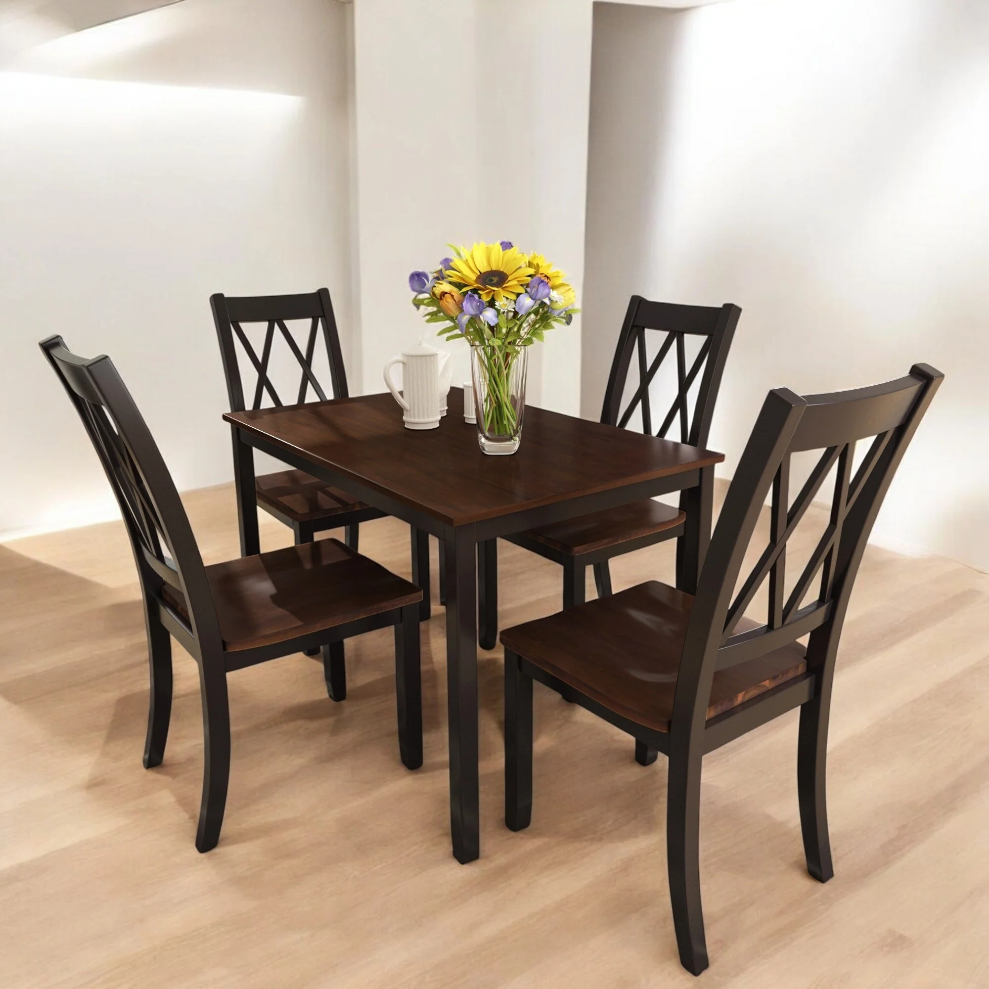 5-Piece Solid Wood Farmhouse Dining Set with Ergonomic Chairs and Waterproof Acacia Top for Dining Room and Kitchen