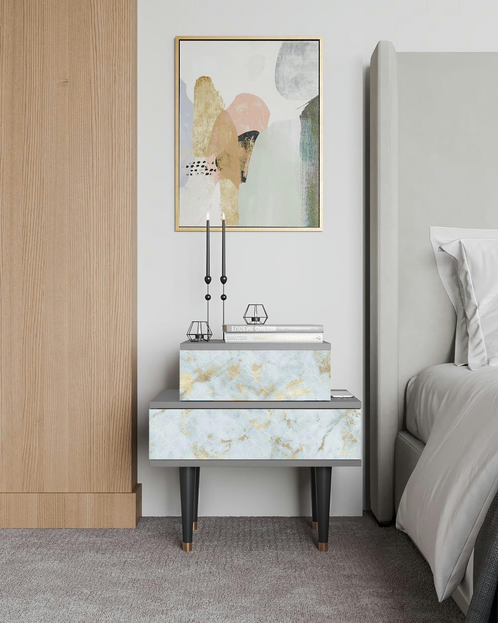 GOLDEN WAVES - Table de chevet blanc clair 2 tiroirs L 58 cm