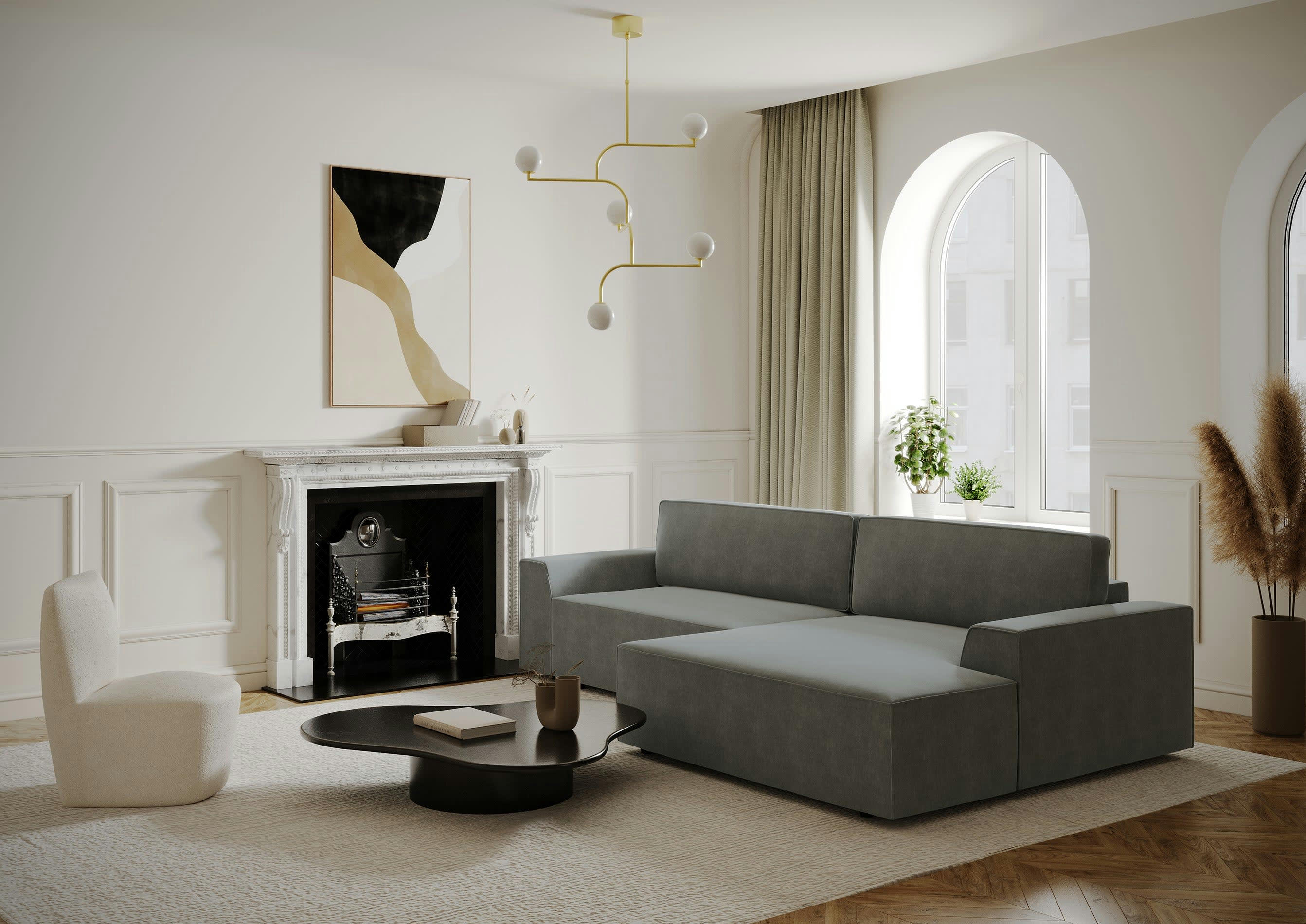 ELIOTT - Canapé angle droit convertible coffre velours gris 300x174cm