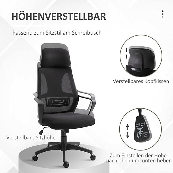Fauteuil de Bureau Ergonomique - Chaise de Bureau Pivotante avec Accoudoirs et Support Lombaire, Maille Noir 64x55x126 cm