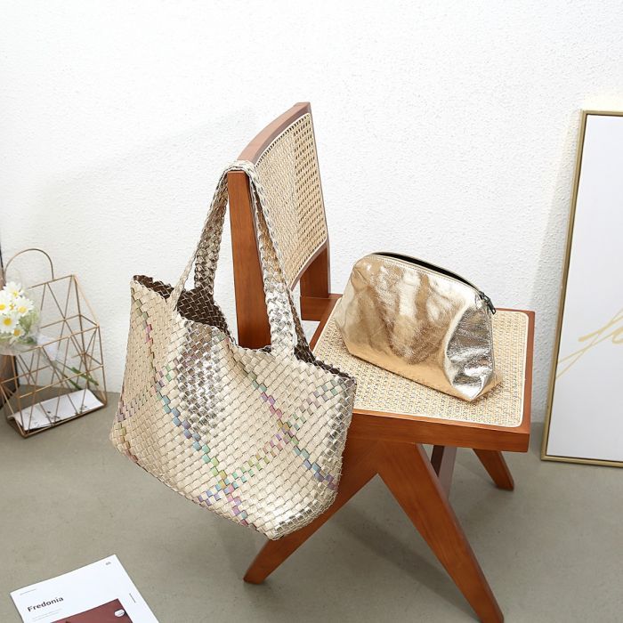 PEACH ACCESSORIES Silver Large Weave Tote Bag