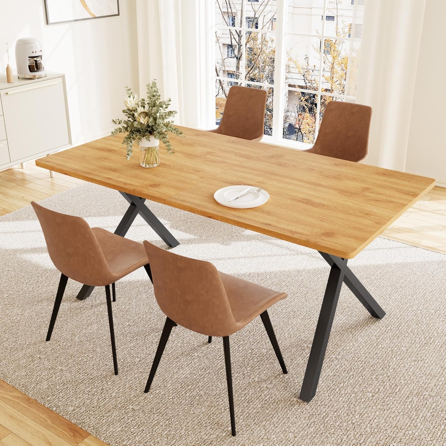 5-Piece Dining Table Set for 4-6 People, 63 MDF Kitchen Table with 4 Upholstered Chairs, Metal Legs for Dining Room, Kitchen(Oak Table+4 Brown Chairs)