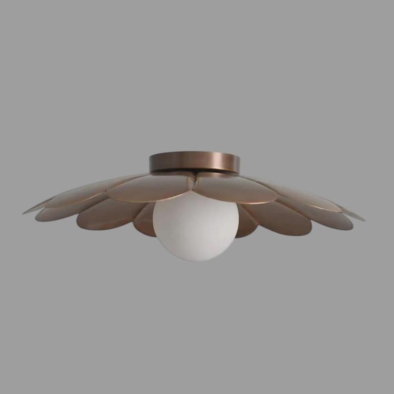 Petal Flush Mount Ceiling Light, Brass Flower Ceiling Fixture, Mid Century Modern Light, White Globe Shade, Handmade Ceiling Lamp