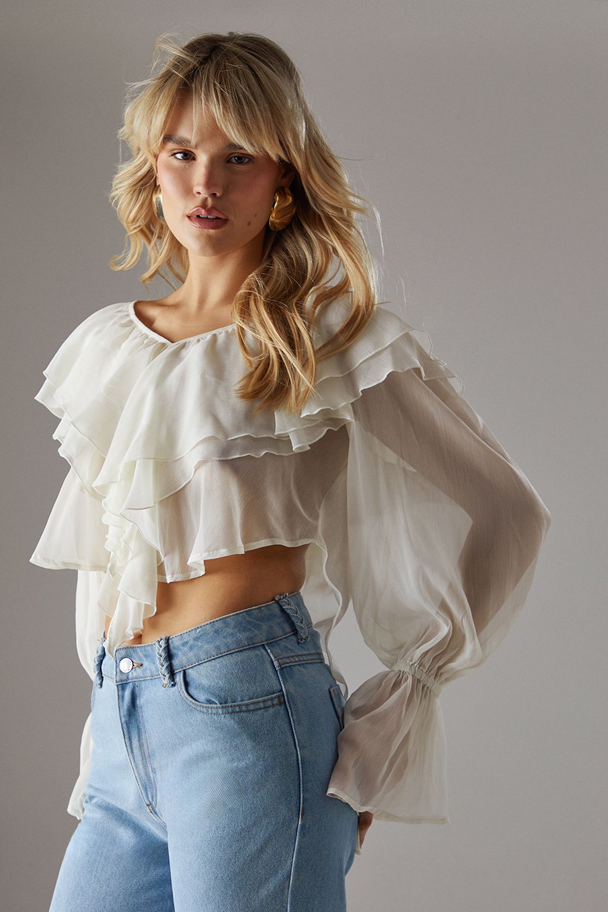 Warehouse Chiffon Double Ruffle Boho Blouse