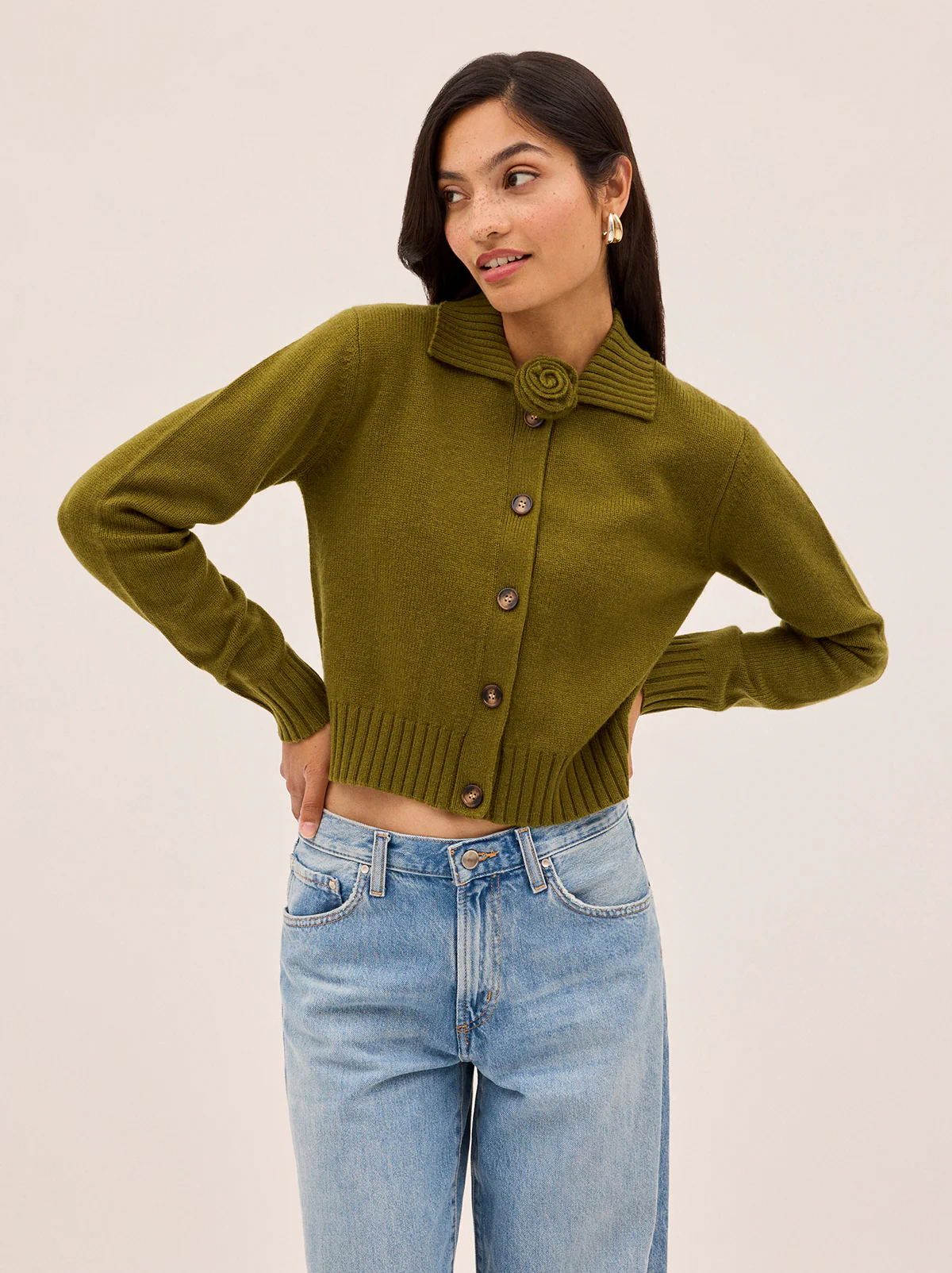 Romy Olive Wool-Blend Collared Cardigan