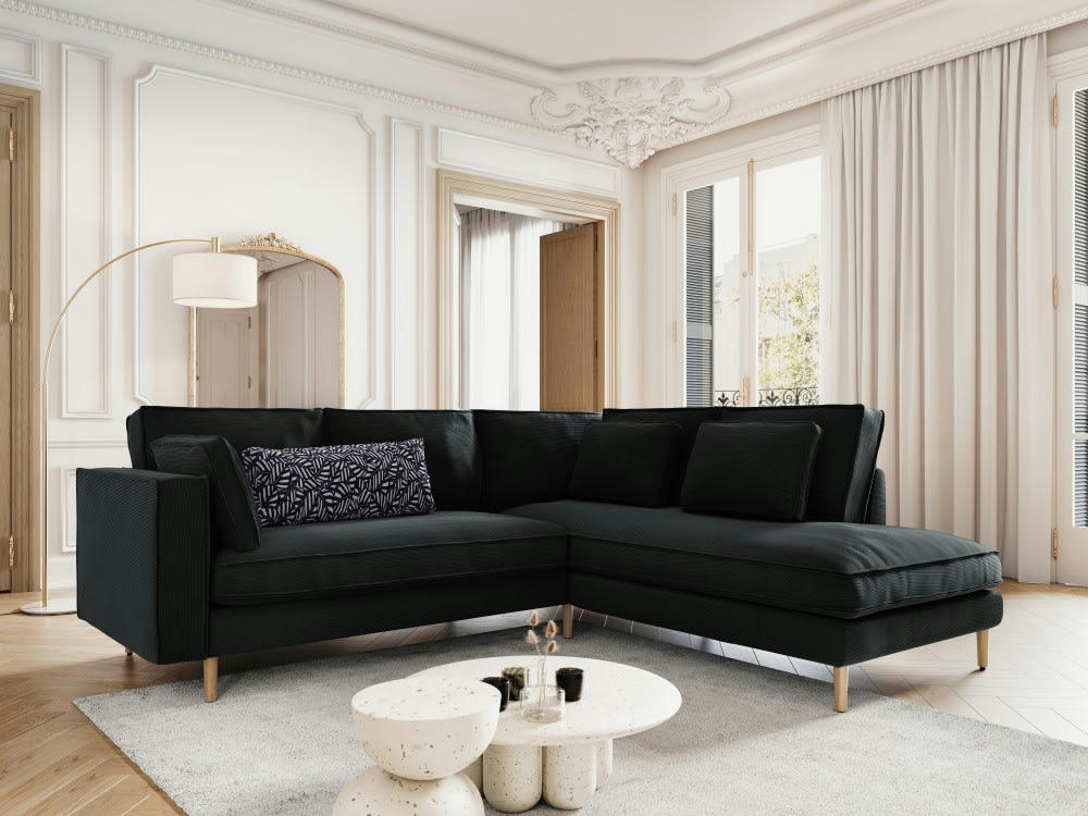 ALEXIS - Canapé d'angle 5 places en tissu structuré noir